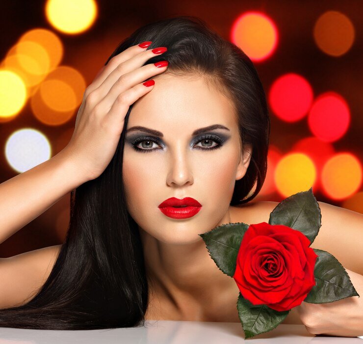 portrait-beautiful-young-woman-with-red-lips-nails-rose-flower-hand-fashion-model-with-black-eye-makeup-posing-studio-night-lights-balls-soft-bokeh-background-concept_186202-4574